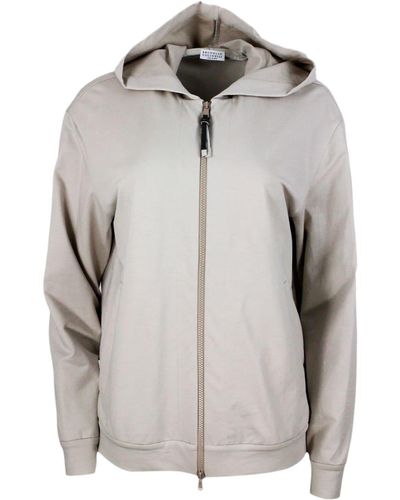 Brunello Cucinelli Stretch Cotton Sweatshirt With Hood And Jewel On The Zip Puller - Gray