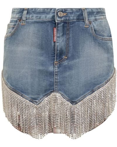 DSquared² Skirt With Crystals Medium Proper Wash Denim - Blue
