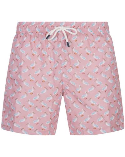 Fedeli Swim Shorts With Pelican Pattern - Pink