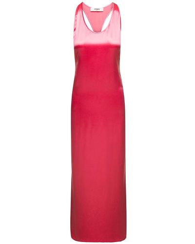 Fendi Maxi Pink Dress With Halter Neck Cut In The Back And Logo Ribbons In Viscose Satin - Red