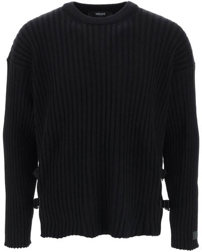 Versace Ribbed Knit Sweater With Leather Straps - Black