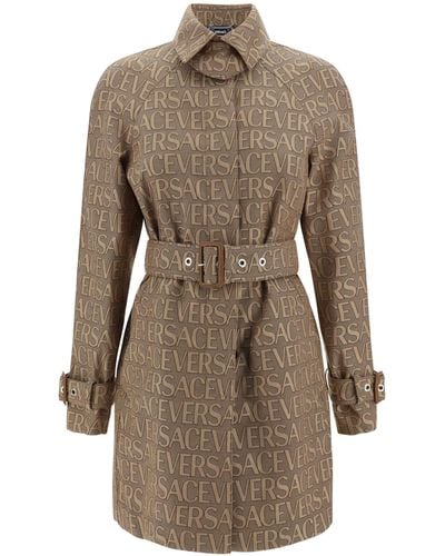 Versace All-over Logo Trench Coat - Natural