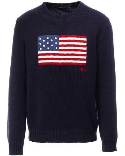 Ralph Lauren American Flag Cotton Knit Sweater - Blue