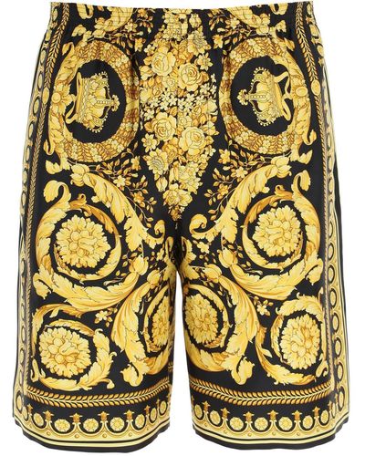 Versace Silk Shorts With Heritage Baroque Print - Yellow