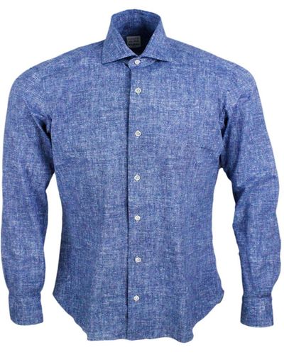 Barba Napoli Cult Shirt In Super Stretch In Denim Melange Colour With Mother-of-pearl Buttons And Italian Collar - Blue