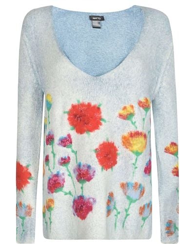 Avant Toi Floral Boat Neck Sweater - Blue