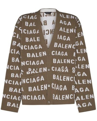 Balenciaga Allover Logo Wool Cardigan - Brown