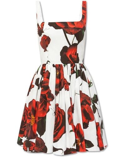 Alexander McQueen Floral Printed Square Neck Mini Dress - Red