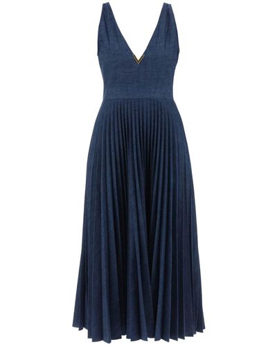 Valentino Vgold V-Neck Pleated Dress - Blue