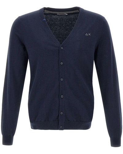 Sun 68 Solid Cotton And Wool Cardigan - Blue