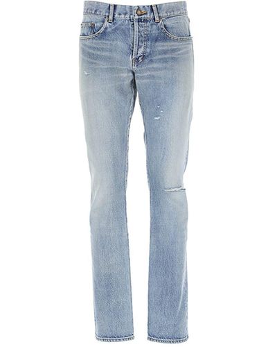 Saint Laurent Slim Cotton Denim Jeans - Blue