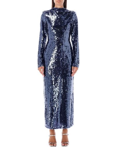 Self-Portrait Sequin Gown Open Back Dress - Blue