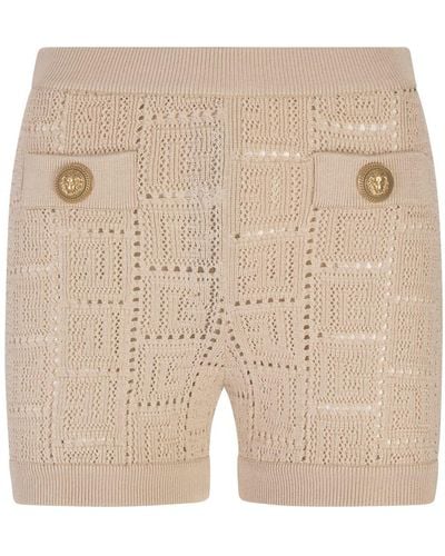 Balmain Beige Perforated Knit Shorts With Monogram - Natural