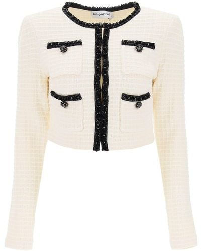 Self-Portrait Cropped Cardigan With Sequin Trims - Natural