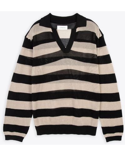 Laneus Mesh Polo Shirt Long Sleeves And Striped Mesh Knitted Polo Shirt - Black