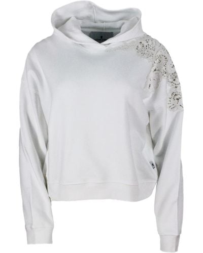 Ermanno Scervino Long-Sleeved Crewneck Sweatshirt With Hood With Macrame Inserts On The Shoulder - Gray