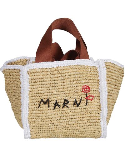 Marni Logo Embroidered Woven Top Handle Tote - Natural