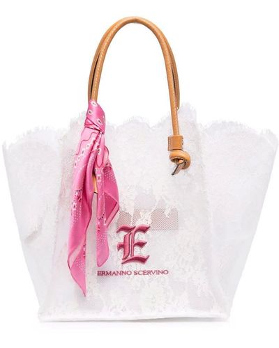 Ermanno Scervino White Lovelace Large Shopper Bag With Fuchsia Foulard - Pink