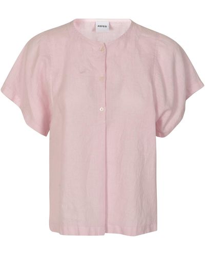 Aspesi Band Collar Plain Short-Sleeved Shirt - Pink