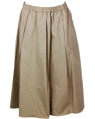 Antonelli Long Skirt With Elastic Waist And Welt Pockets With Pleats Made Of Stretch Cotton - Natural