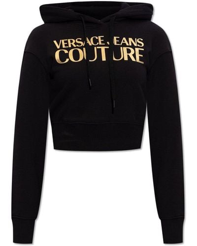 Versace Cropped Hoodie With Logo, - Black