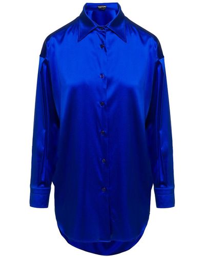 Tom Ford E Relaxed Shirt With Pointed Collar In Stretch Silk - Blue