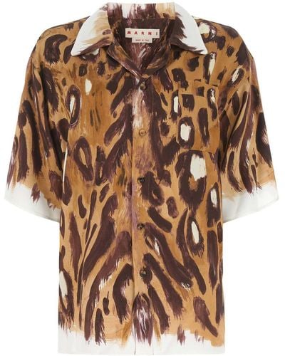 Marni Printed Satin Oversize Shirt - Brown