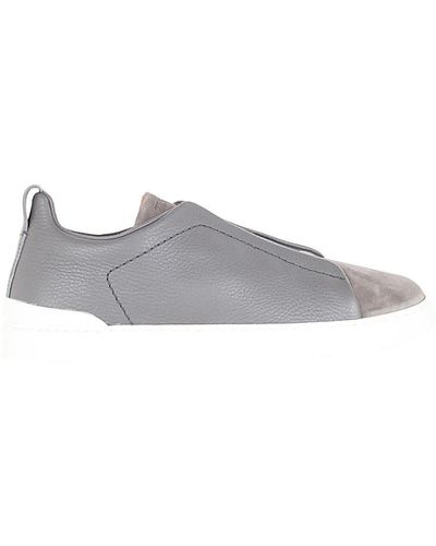 ZEGNA Triple Stitch Low-top Sneakers In Grained Calfskin - Gray