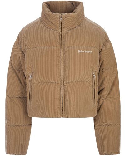 Palm Angels Corduroy Short Down Jacket With Logo - Natural