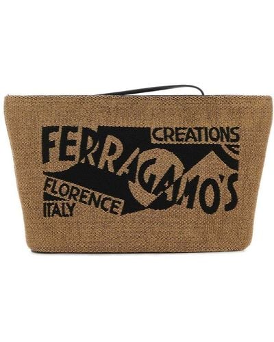 Ferragamo Venna-Logo Zipped Clutch Bag - Brown
