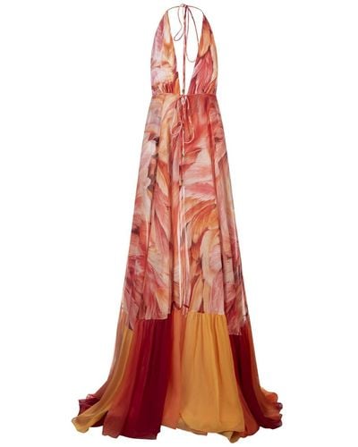 Roberto Cavalli Long Sleeveless Silk Dress With Plumage Print - White