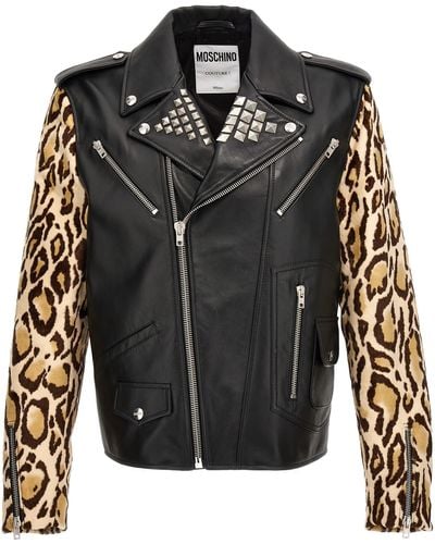 Moschino Animal Print Sleeves Leather Jacket Casual Jackets, Parka - Black