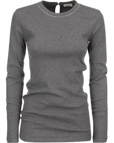 Brunello Cucinelli Ribbed Stretch Cotton Jersey T-shirt With Jewelry - Gray