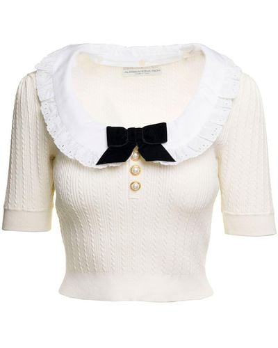 Alessandra Rich White Knitted Jumper With Bow Detail In Cotton Blend Woman