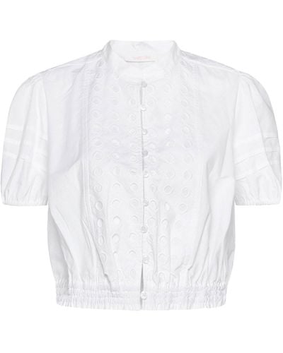 See By Chloé Embroidered Petite Crop Top With Puff Sleeves - White