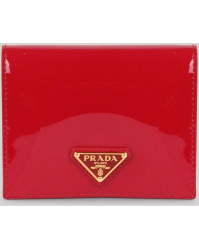 Prada Triangle Logo Patent Leather Wallet - Red