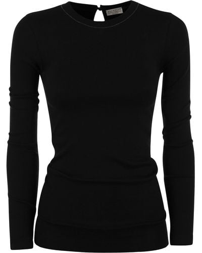 Brunello Cucinelli Ribbed Stretch Cotton Jersey T-Shirt With Jewellery - Black