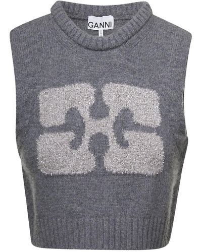 Ganni Gray Cropped Vest With Graphic Print In Wool Blend
