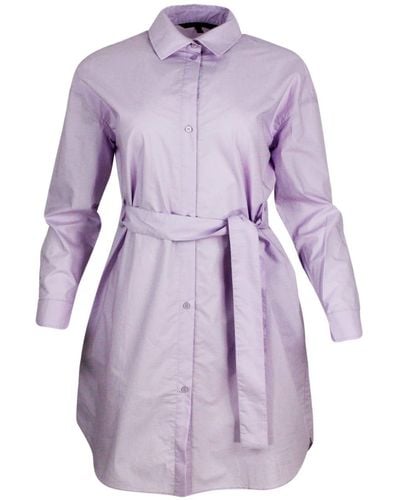 Armani Dress Made Of Soft Cotton With Long Sleeves, With Button Closure On The Front And Belt - Purple