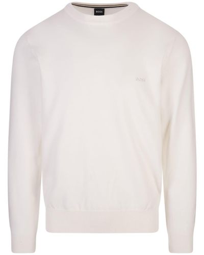 BOSS Crew Neck Sweater With Embroidered Logo - White