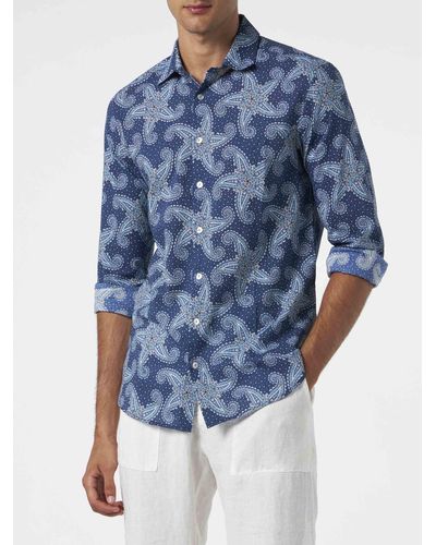 Mc2 Saint Barth Muslin Cotton Sikelia Shirt With Paisley Star Print - Blue