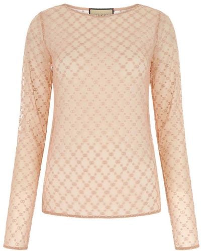 Gucci GG Embroidered Mesh Top - Natural