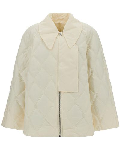 Ganni Cream Quilted Jacket With Oversized Collar - White