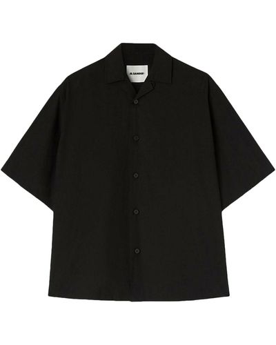Jil Sander Boxy Fit Short Sleeve Shirt, Open Bowling Shirt Collar, Front Closure With Five Buttons, Classic Yoke, Straight Hem - Black