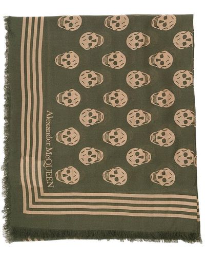 Alexander McQueen Beige And Green Scarf With Skull And Logo Print In Modal