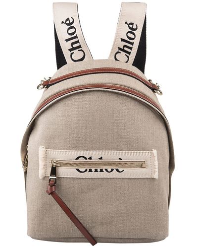 Chloé Woody Backpack In Natural Linen And Leather