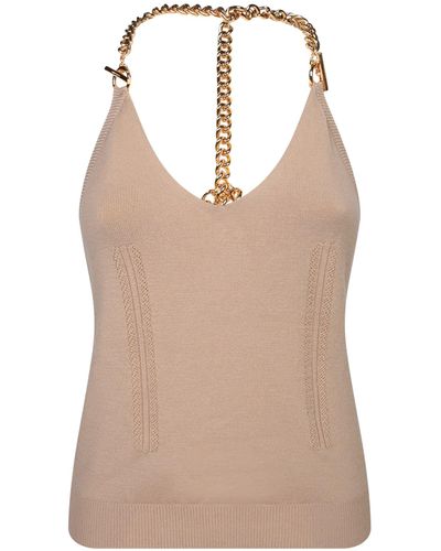 Moschino Merino Wool Top With Golden Chain Details - Natural
