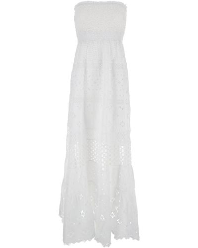 Temptation Positano White Long Embroidered Dress In Cotton