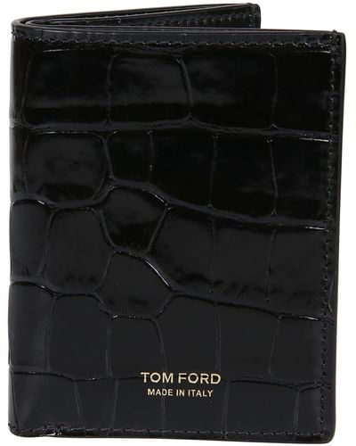 Tom Ford Shiny Printed Crocodile Folding Credit Card Holder - Black