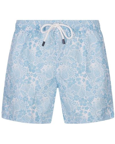 Fedeli Light Swim Shorts With Tropical Pattern - Blue